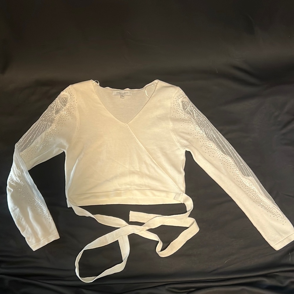 Beaded lace cropped wrap tie sweater